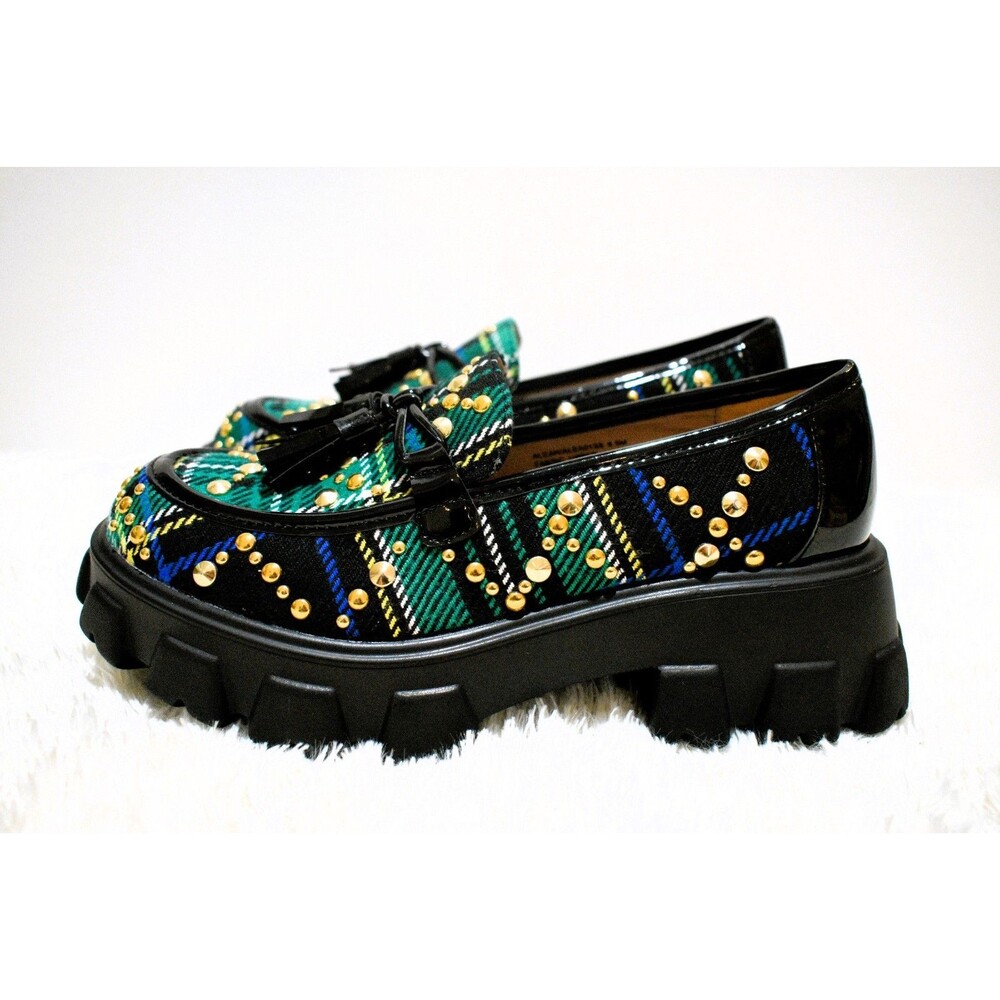 Betsey Johnson Aleah Green Plaid Studded Tassel (3163) Loafers - Women's 6.5